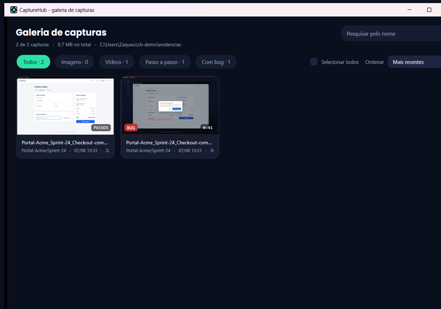 Galeria de capturas com filtros por tipo, busca pelo nome e etiquetas de passo a passo e bug