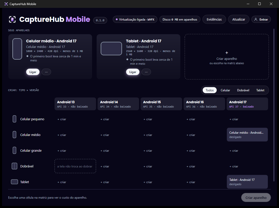 A grade de aparelhos do emulador, com os tipos nas linhas e as versões do Android nas colunas
