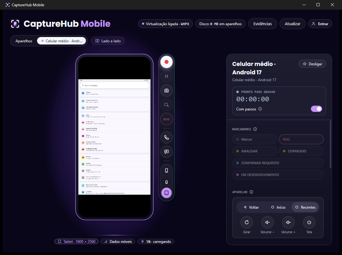 Um celular Android no emulador com a tela de tablet, os dados móveis e a bateria em 5% carregando, com as condições escritas embaixo do aparelho