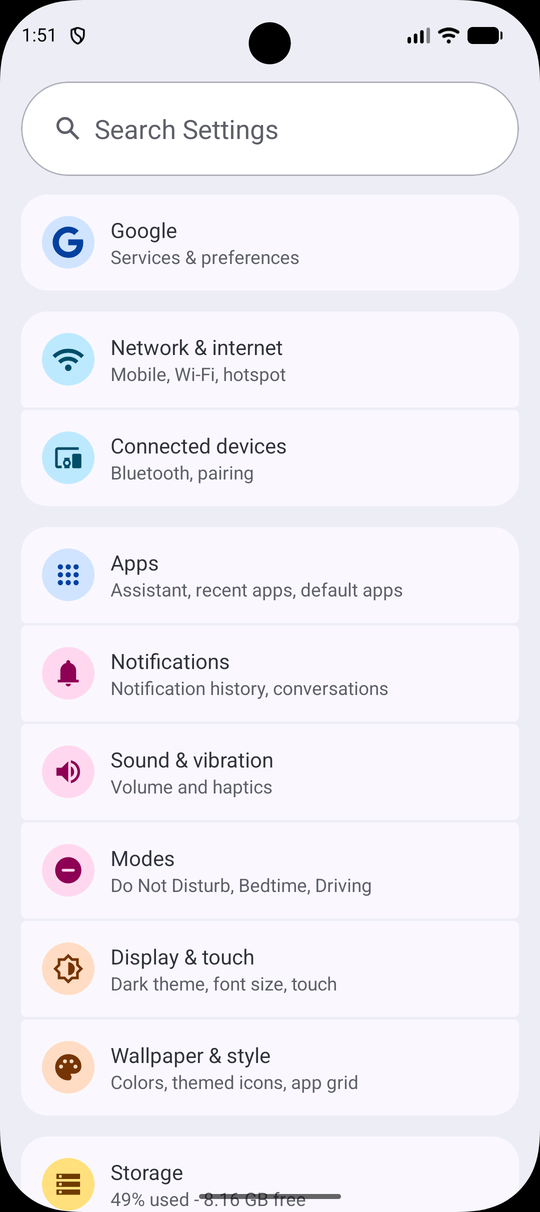 O app Configurações do Android num celular virtual, sendo gravado pelo emulador do CaptureHub Mobile
