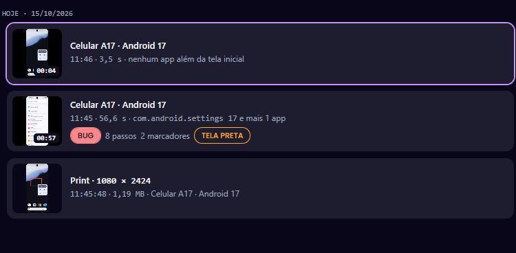 A galeria do CaptureHub Mobile, com uma gravação marcada com BUG e oito passos