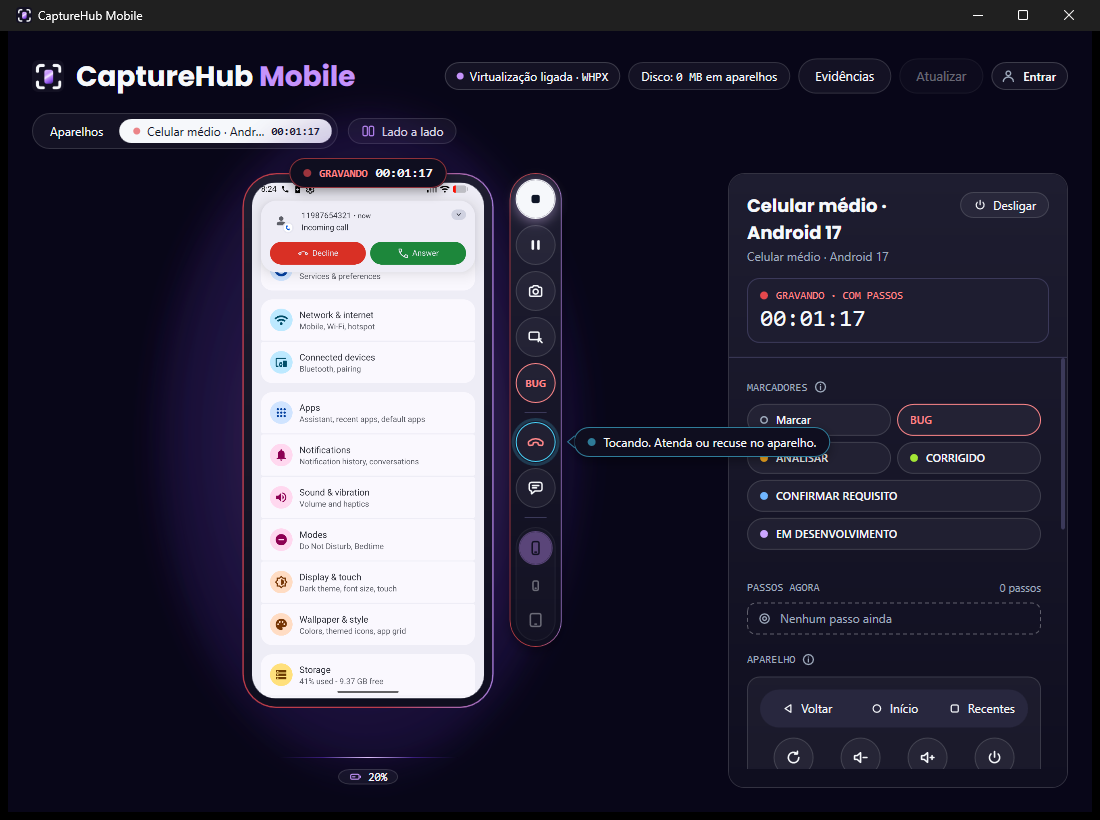 Uma ligação tocando no celular Android durante a gravação, com o marcador BUG aceso no painel