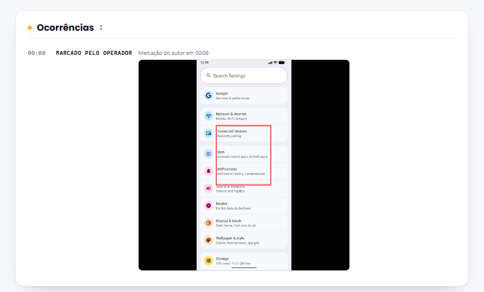 A seção Ocorrências do relatório, com a marcação do autor sobre a tela do celular