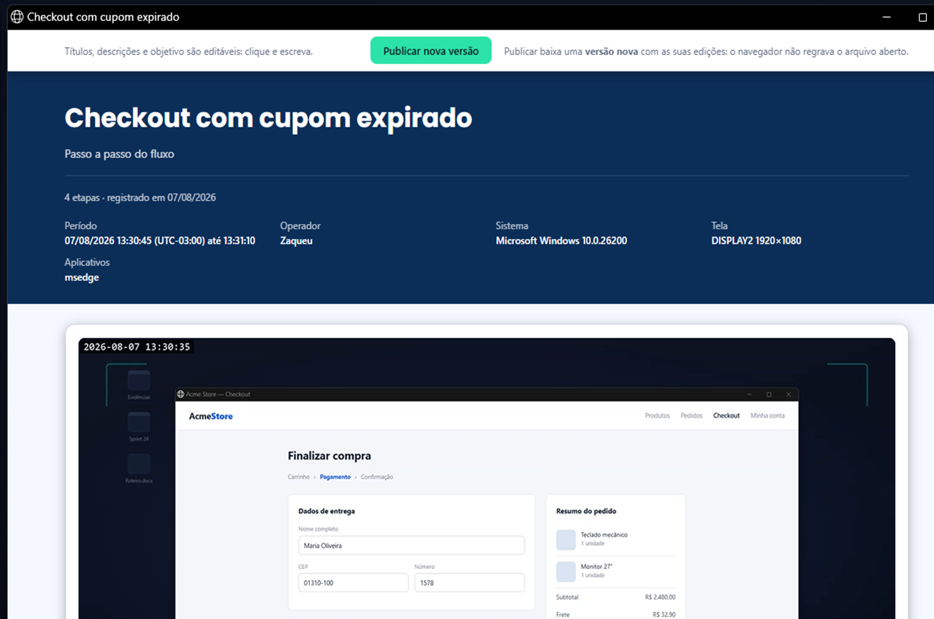 Capa do relatório de evidência, com identificação do caso de teste e resumo da execução